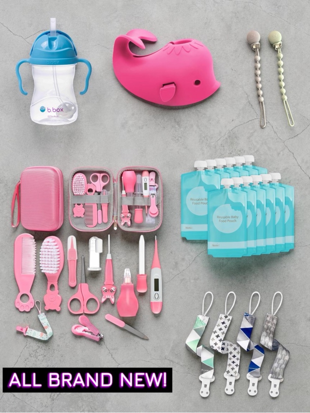 👶🍼🥤💅 Ultimate Baby Essentials Bundle – Feeding, Grooming, Pacifier Clips + More